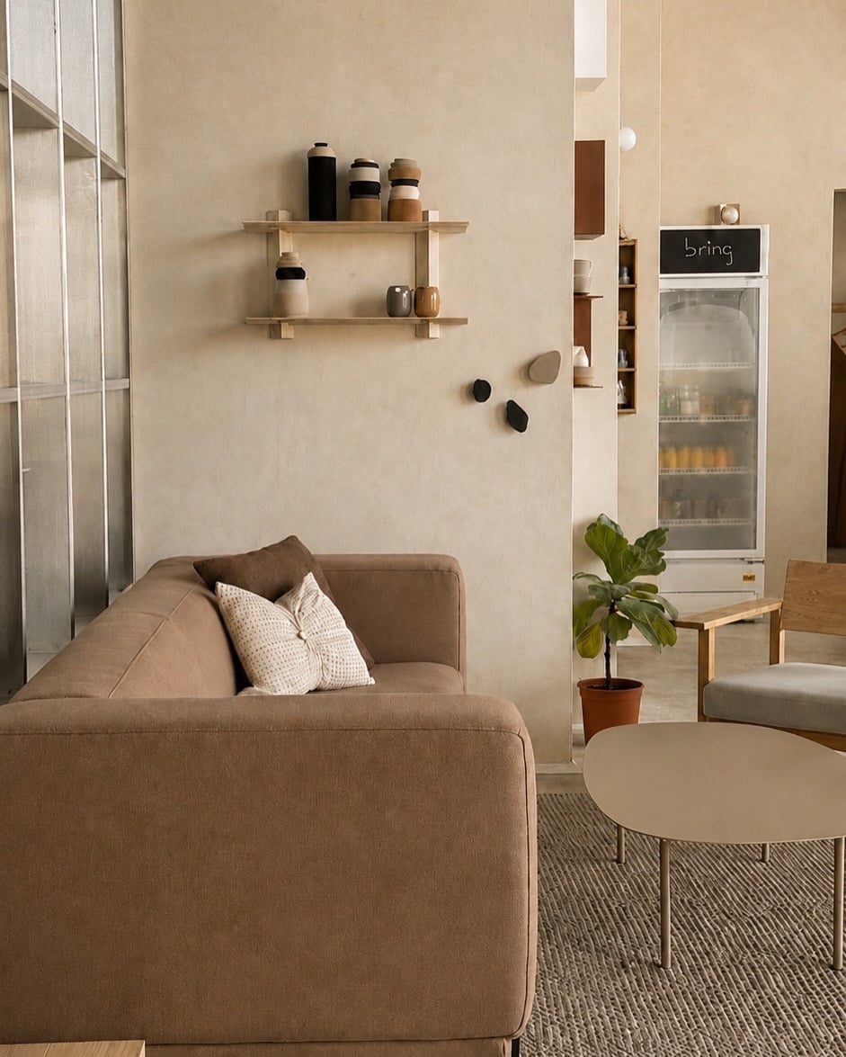 Detalle del sofá y la mesa baja en el sector de estar