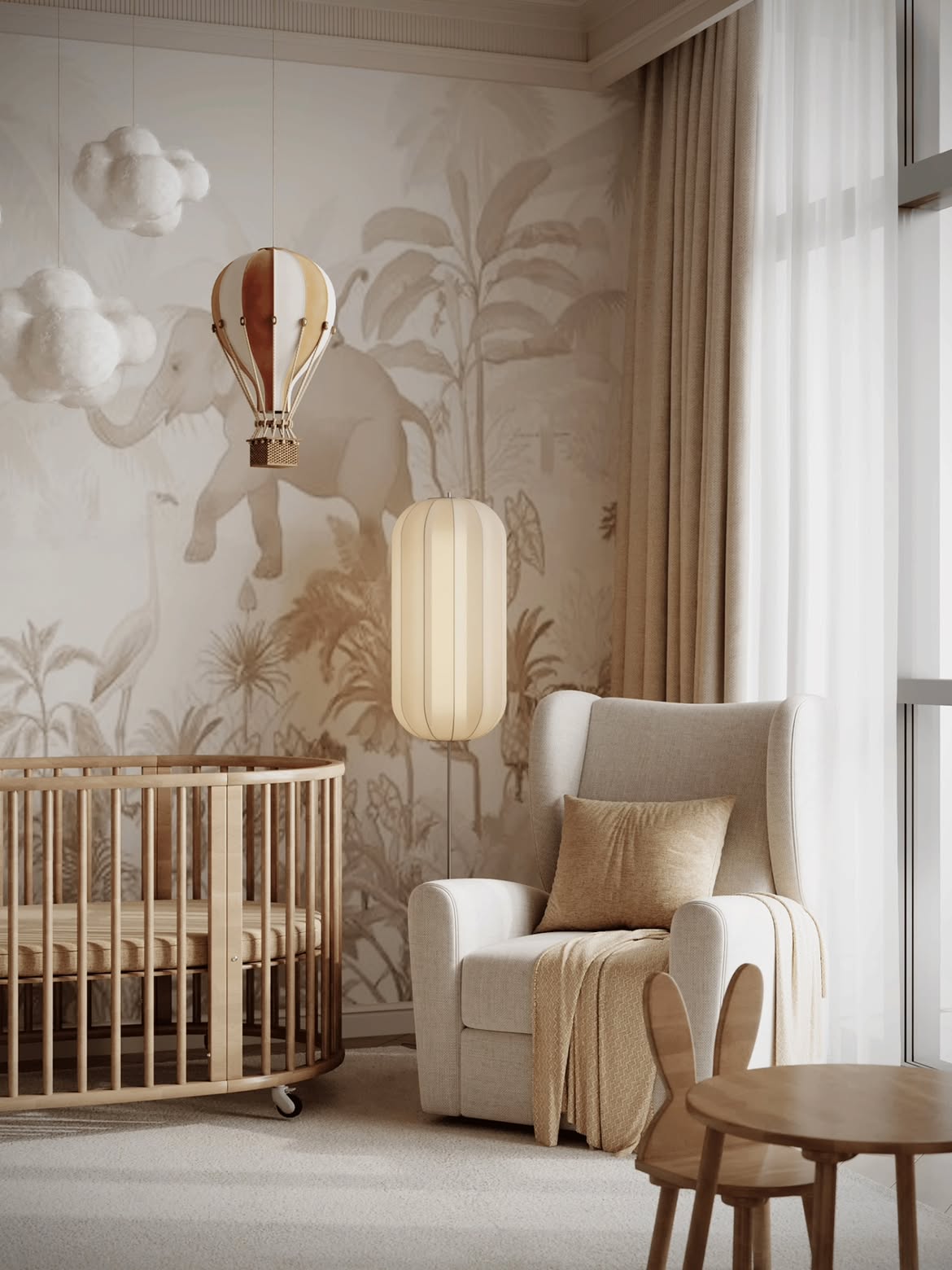 Vista del cuarto de bebé con cuna de madera, sillón y mural de animales