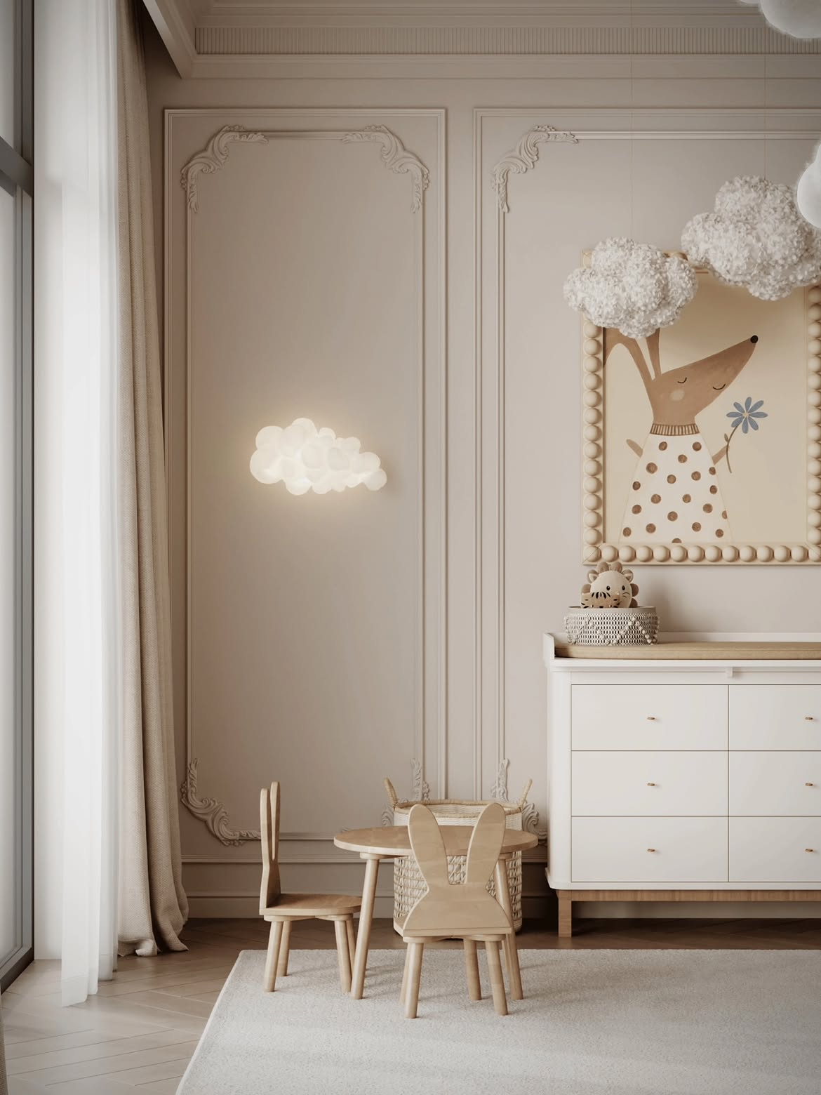 Detalle de la mesa y las sillas infantiles junto al cambiador