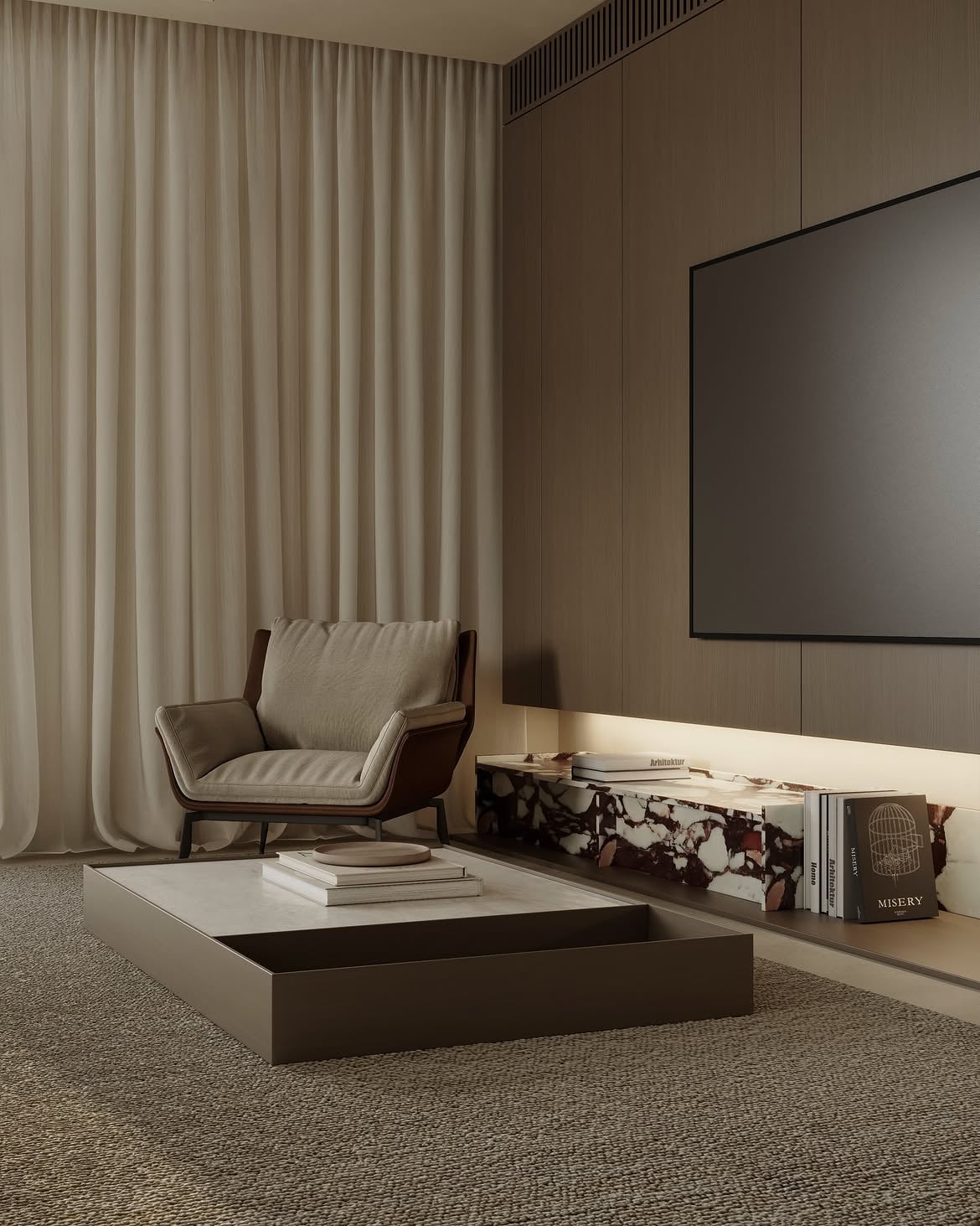 Detalle del sillón, la mesa baja y el mueble bajo de la televisión