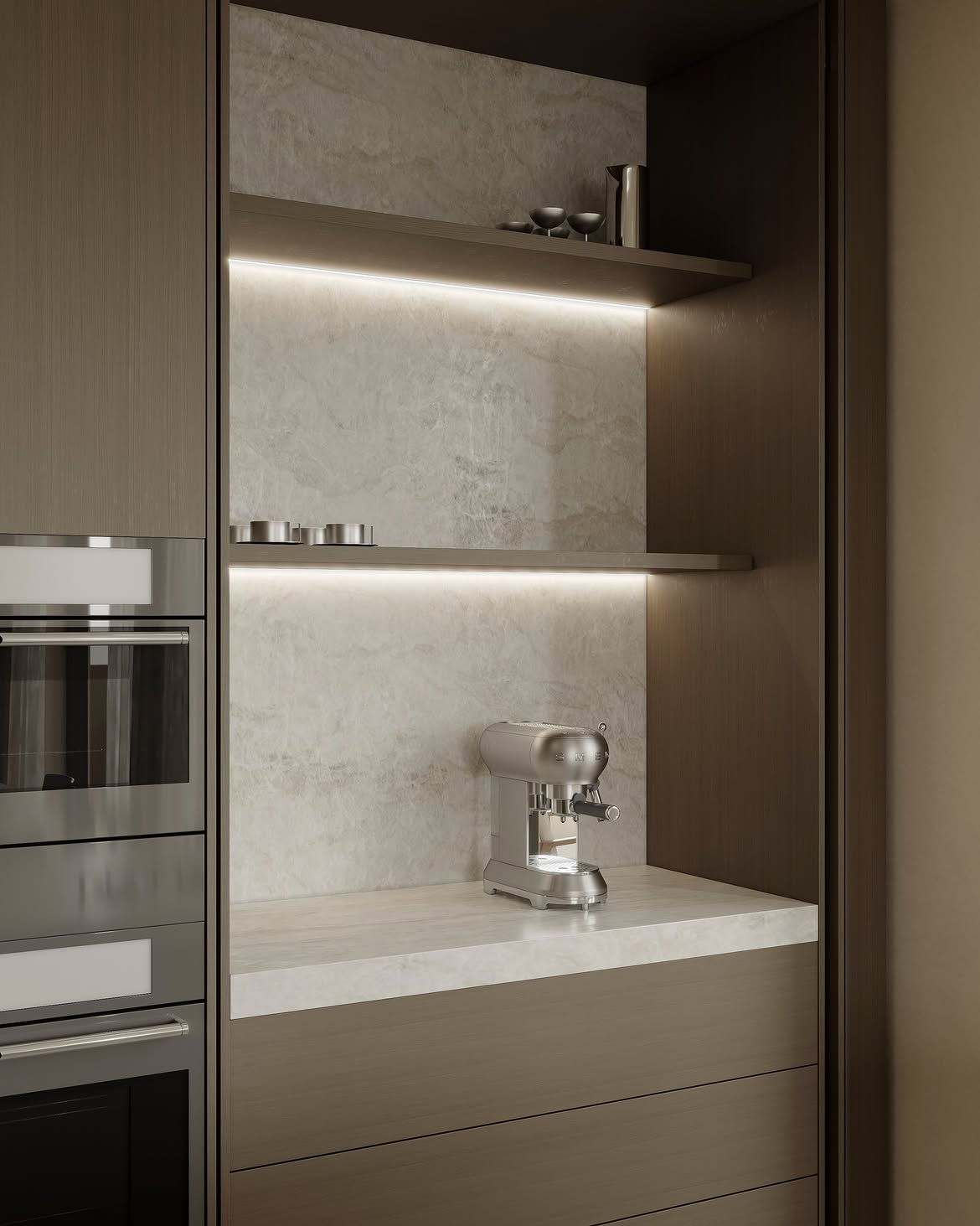 Detalle de la cafetera y las estanterías con iluminación integrada