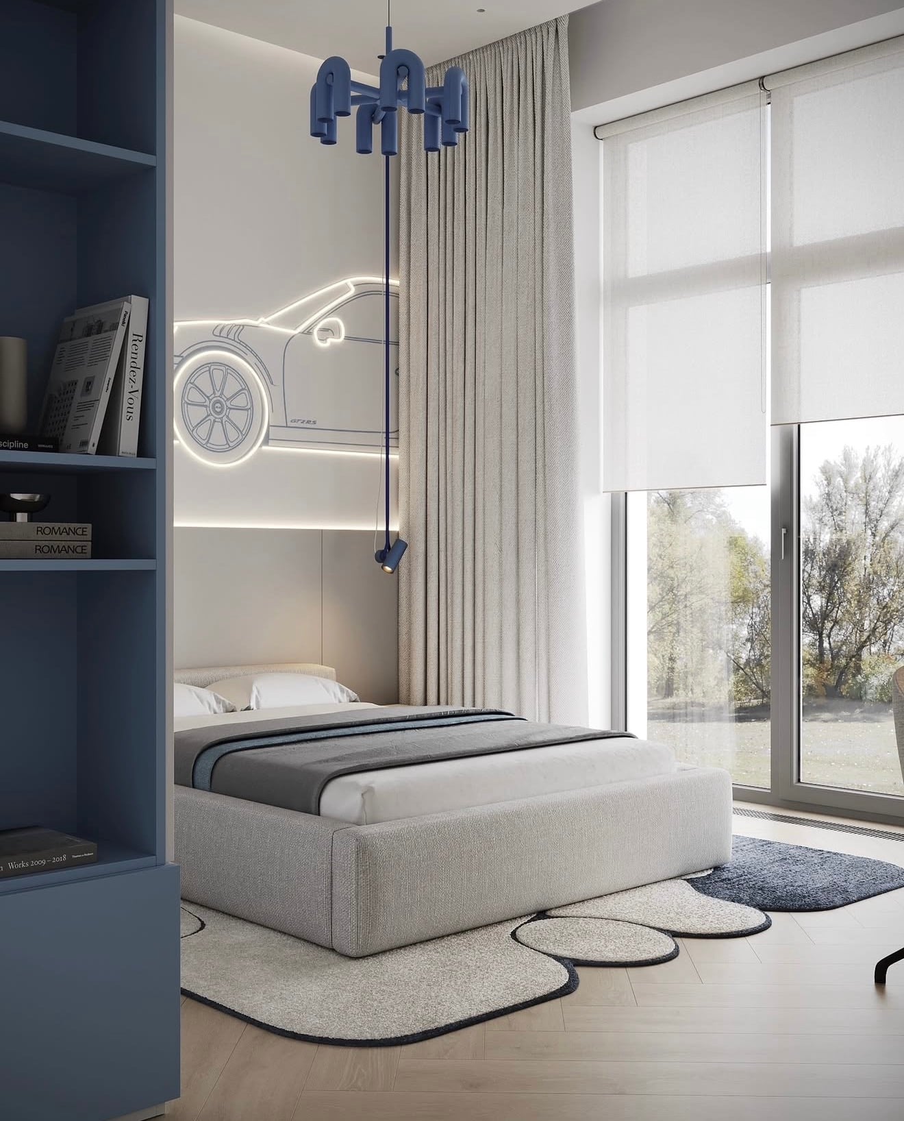 Vista del dormitorio con cama tapizada, biblioteca azul y ventanal