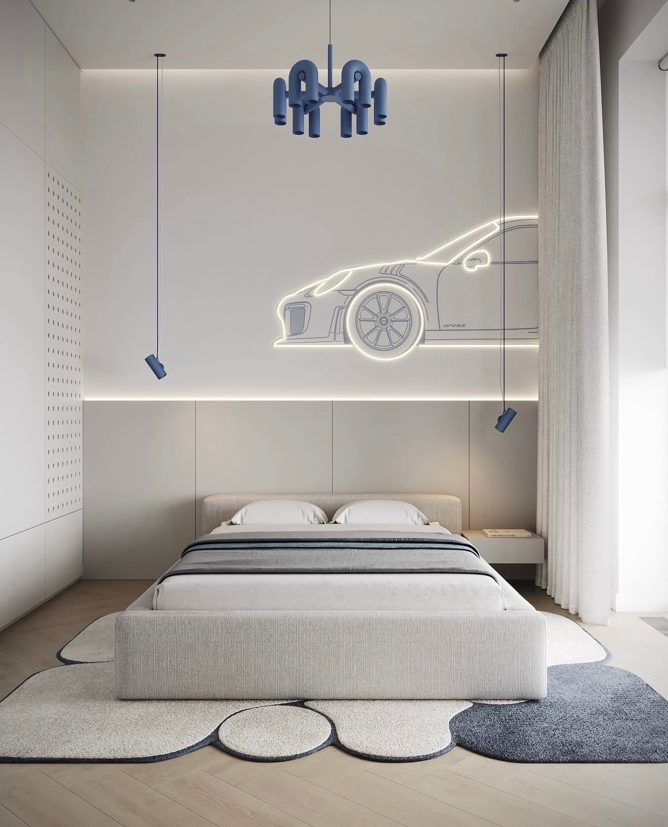 Vista frontal de la cama con un automóvil delineado e iluminación indirecta