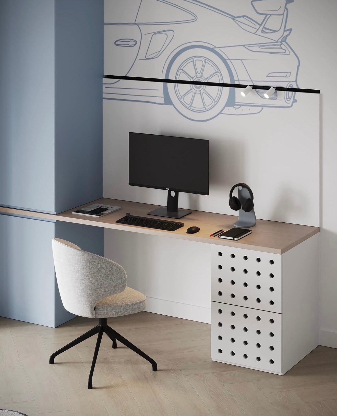 Detalle del escritorio con monitor, silla y mobiliario a medida