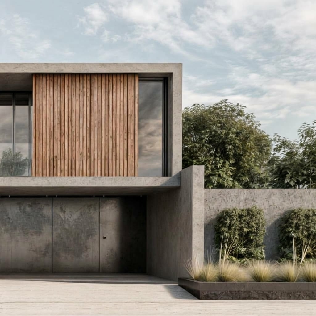 Vista del acceso y el revestimiento de madera de una vivienda
