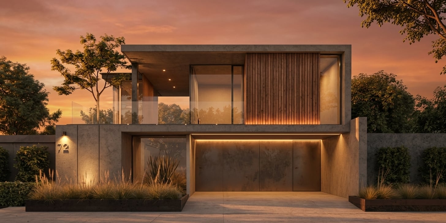 Vista frontal de una vivienda al atardecer