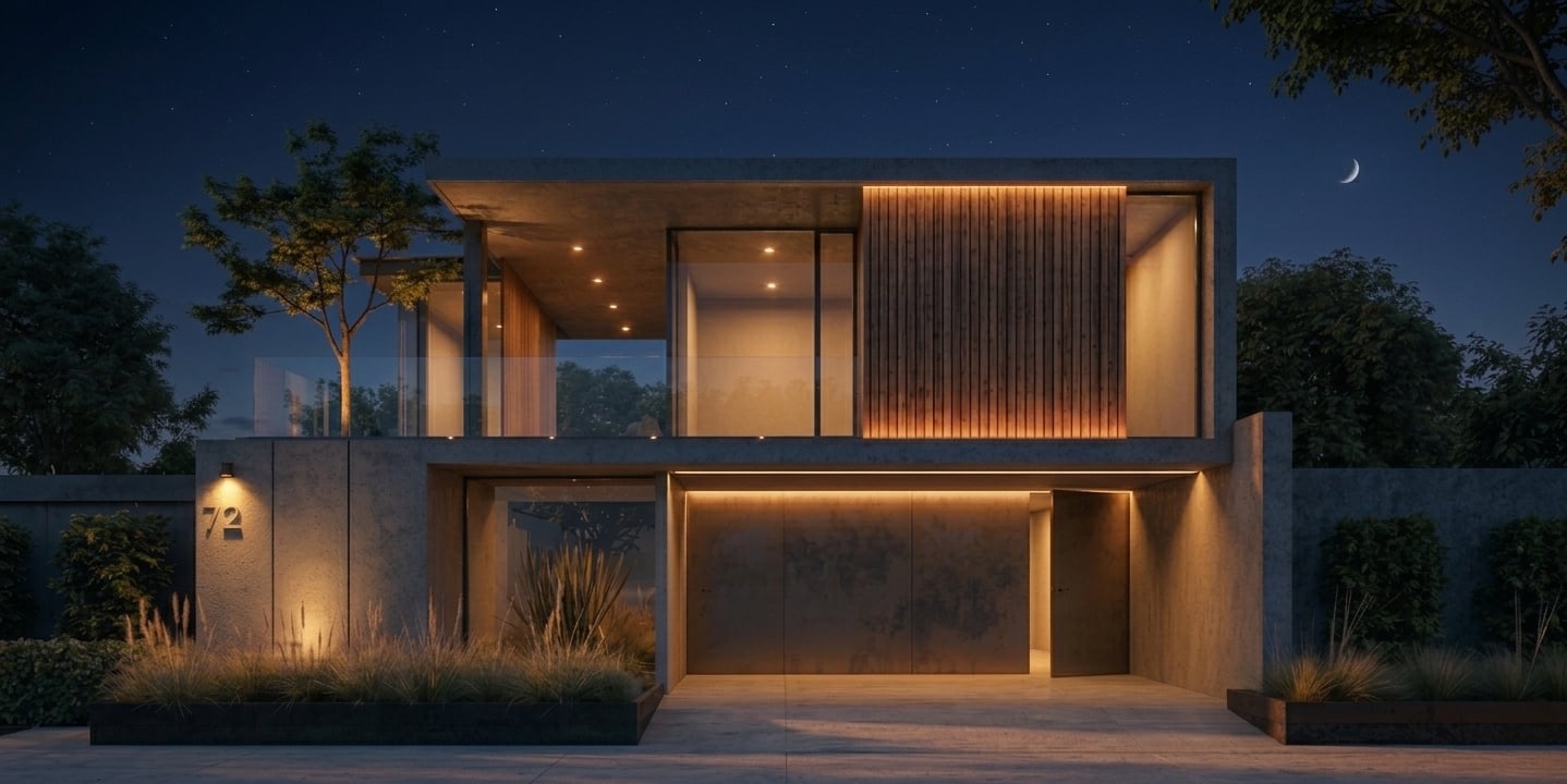 Vista frontal nocturna de una vivienda