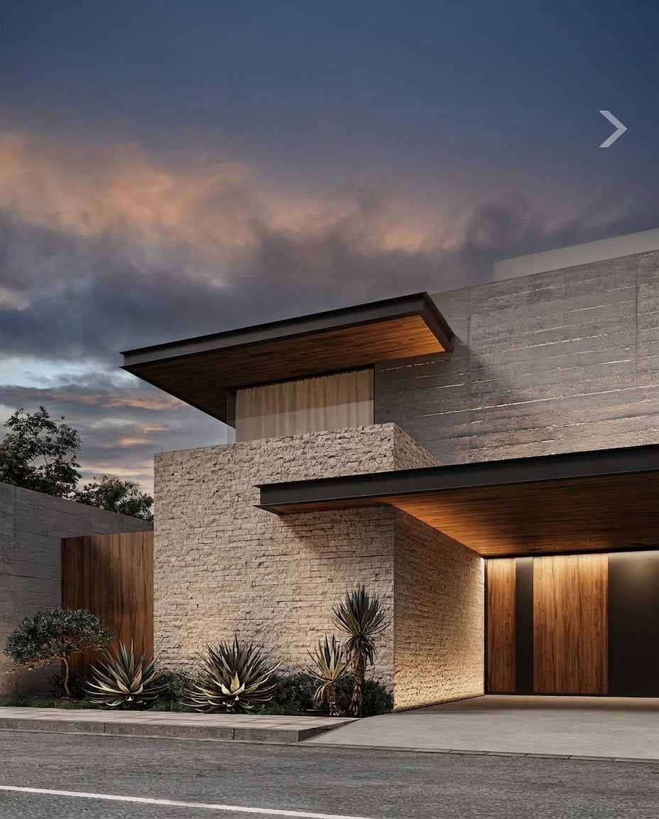 Detalle de la fachada de una vivienda al atardecer