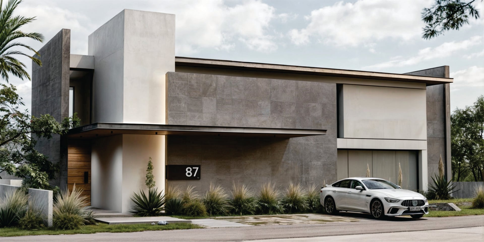 Vista frontal de una vivienda y su acceso