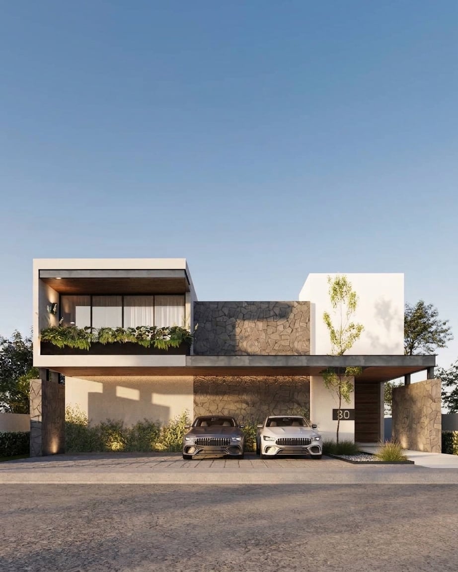 Vista frontal de la vivienda con balcón con vegetación y cochera doble