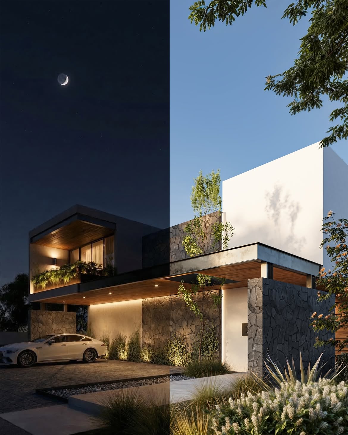 Composición de la fachada con vistas de día y de noche